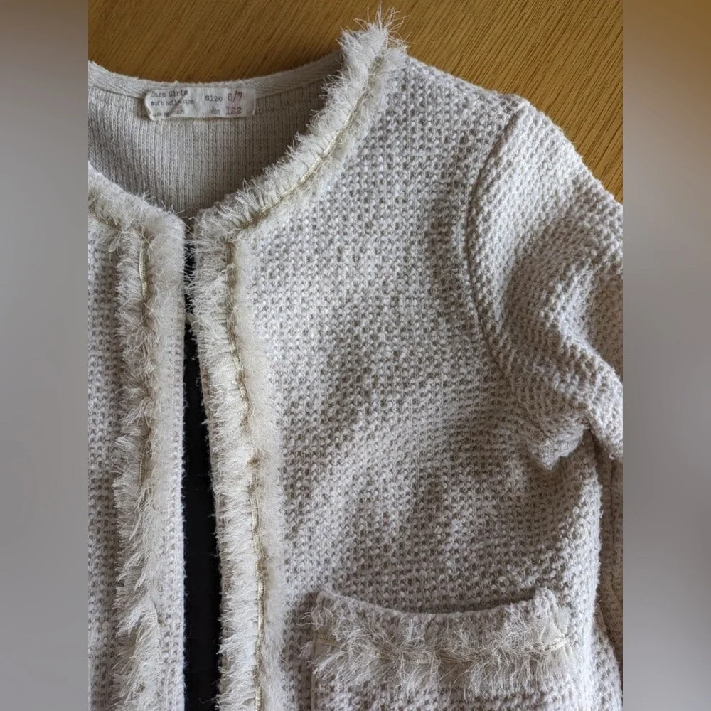 Zara Girls Cream Bouclé Knit Cardigan Jacket 6/7 Chanel Inspired